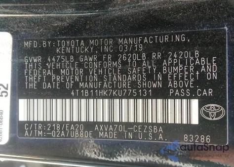 2019 Toyota Camry L/Le/Xle/Se/Xse from USA, damaged, VIN 4T1B11HK7KU775131
